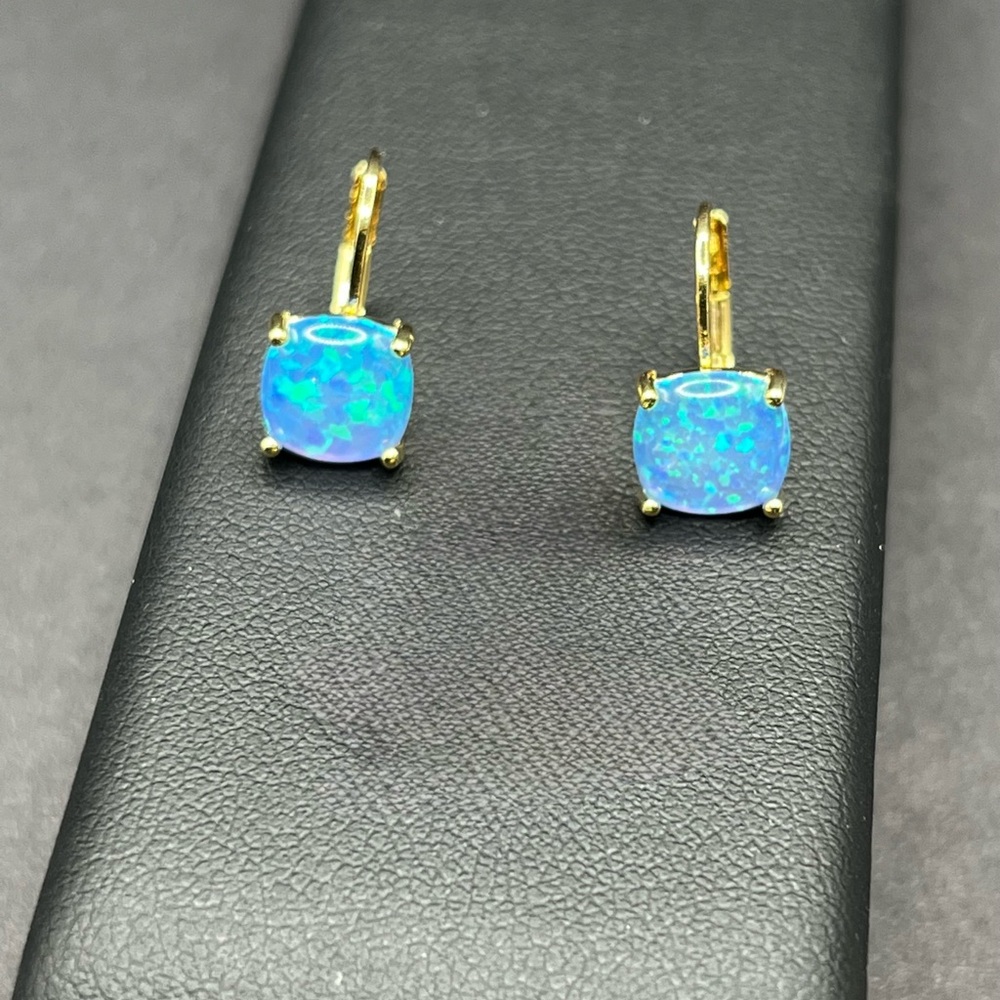 Blue Opal Round Dangle Earrings, Gold Plated Blue Opal Silver, Earring 8mm